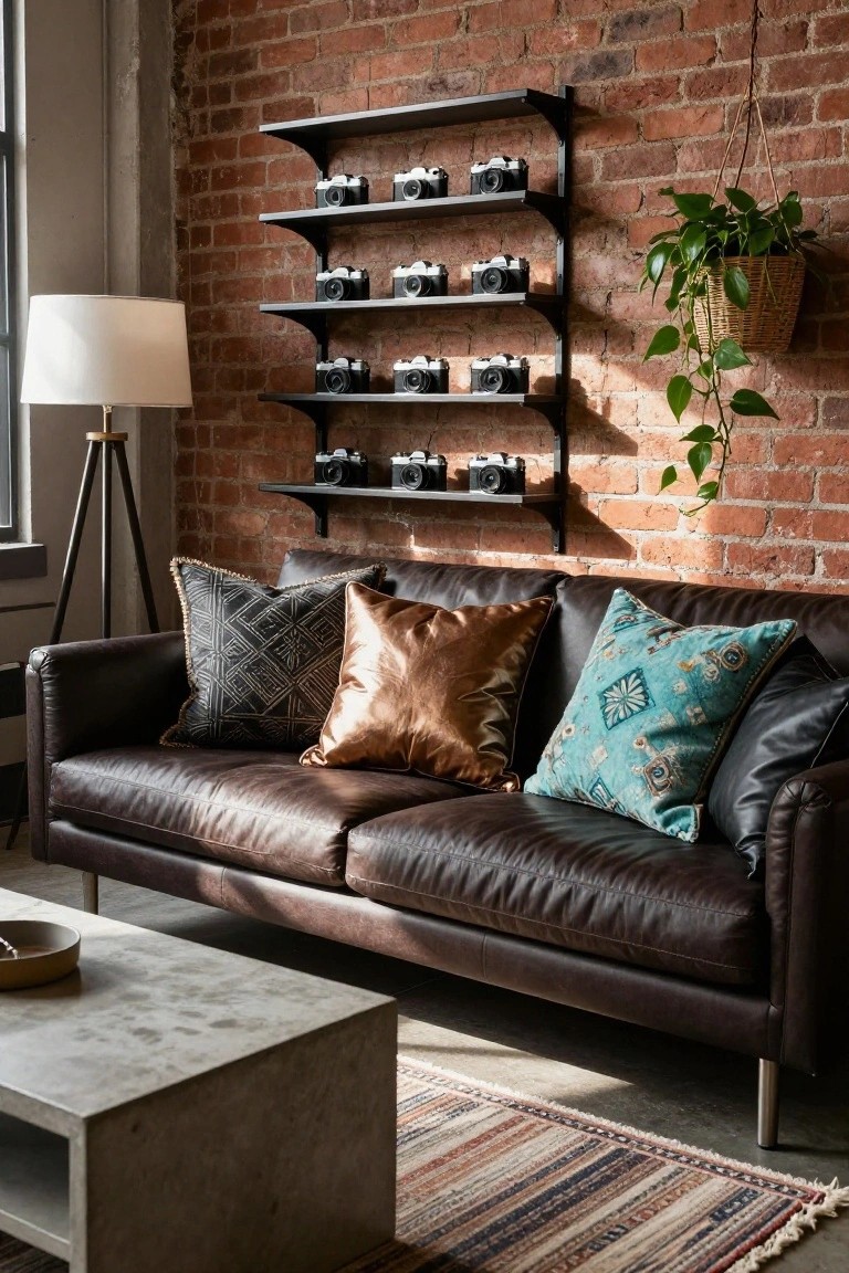 Dark brown leather sofa with throw pillows in black geometric pattern, bronze metallic fabric, and turquoise embroidered design, in a room featuring exposed brick walls, black camera shelves, a tripod lamp, concrete coffee table, and woven rug.