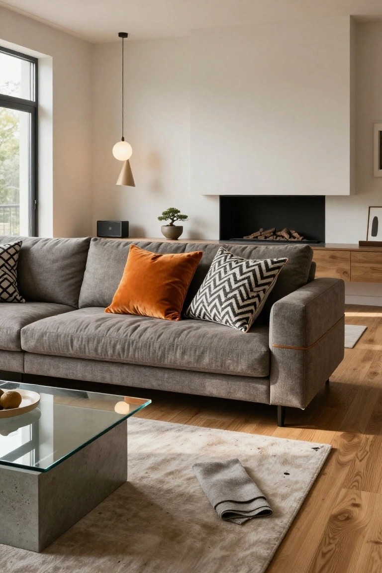 Gray L-shaped sofa with orange velvet throw pillows and black-and-white zigzag patterned pillows in a modern living room featuring a fireplace, bonsai plant, glass coffee table, and wood flooring.