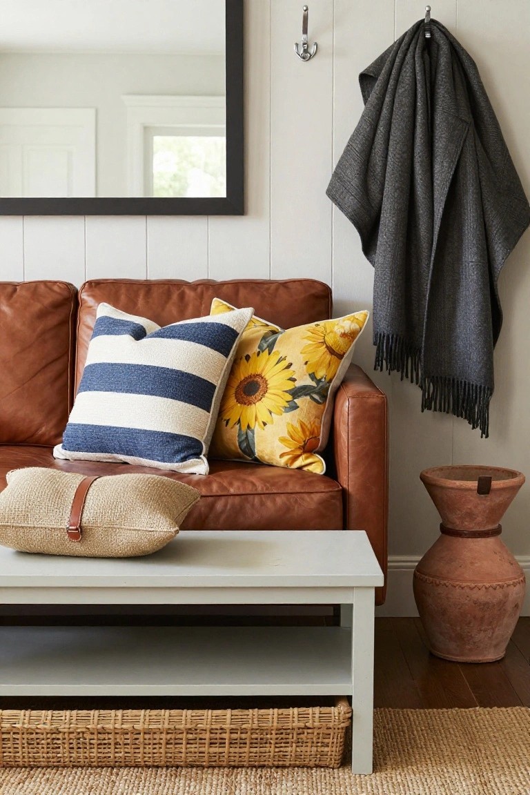 Brown leather sofa with navy and white striped pillow, yellow sunflower pillow, tan lumbar pillow on it, white coffee table, terracotta pot, and hanging gray blanket on white wall.