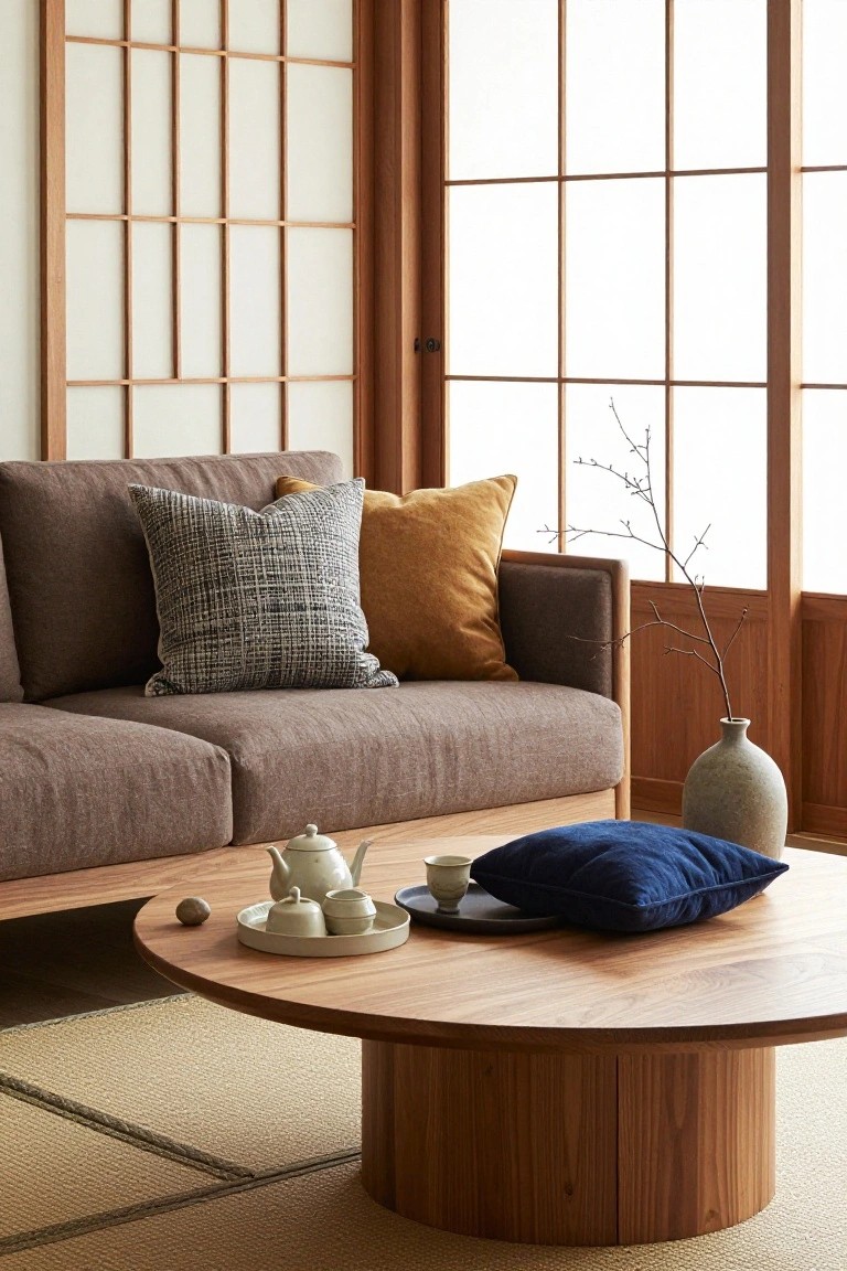 Brown fabric sofa with gray patterned pillow, mustard pillow, and armrest in Japanese-style room with shoji screens, wooden coffee table holding teapot, cups, navy pillow, and vase.