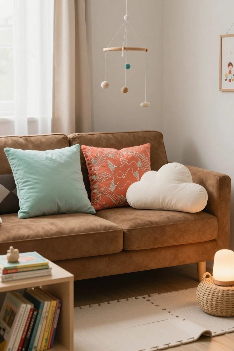 Brown upholstered sofa in a light nursery room with teal and orange throw pillows, a white cloud pillow, wooden mobile overhead, stack of children's books on a side table, and foam play mats on the floor.
