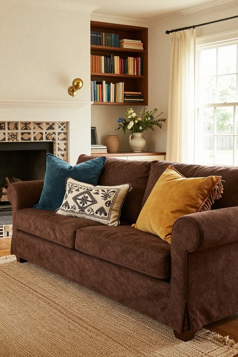 A brown corduroy sofa with teal velvet throw pillows, a white embroidered patterned pillow, and a mustard yellow fringed pillow in a living room with a fireplace, bookshelves, and window.