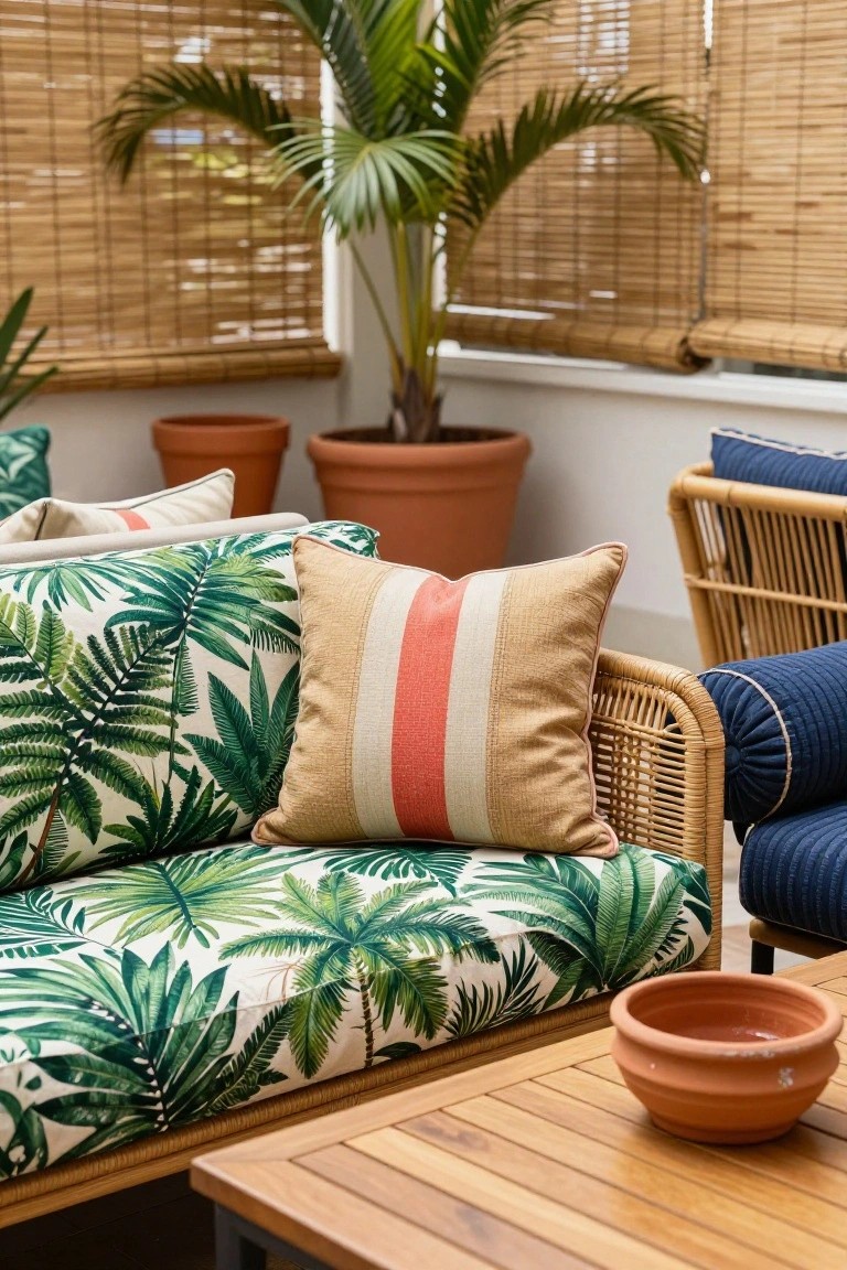 Outdoor rattan sofa with green palm leaf patterned cushions and beige striped pillows, next to potted plants, wooden table, and bamboo blinds on a terrace.