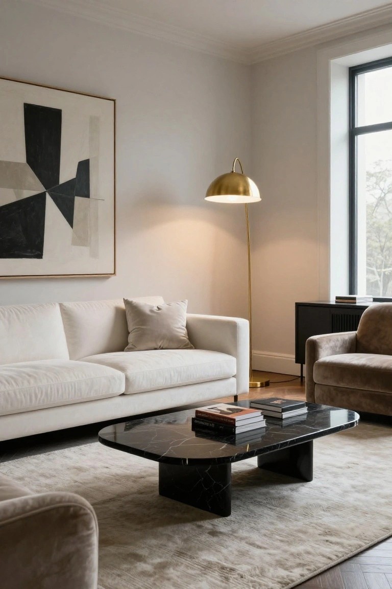 A living room with a large white sofa, oval black marble coffee table topped with stacked books, gold arched floor lamp, abstract black and white painting, black credenza, and large window.