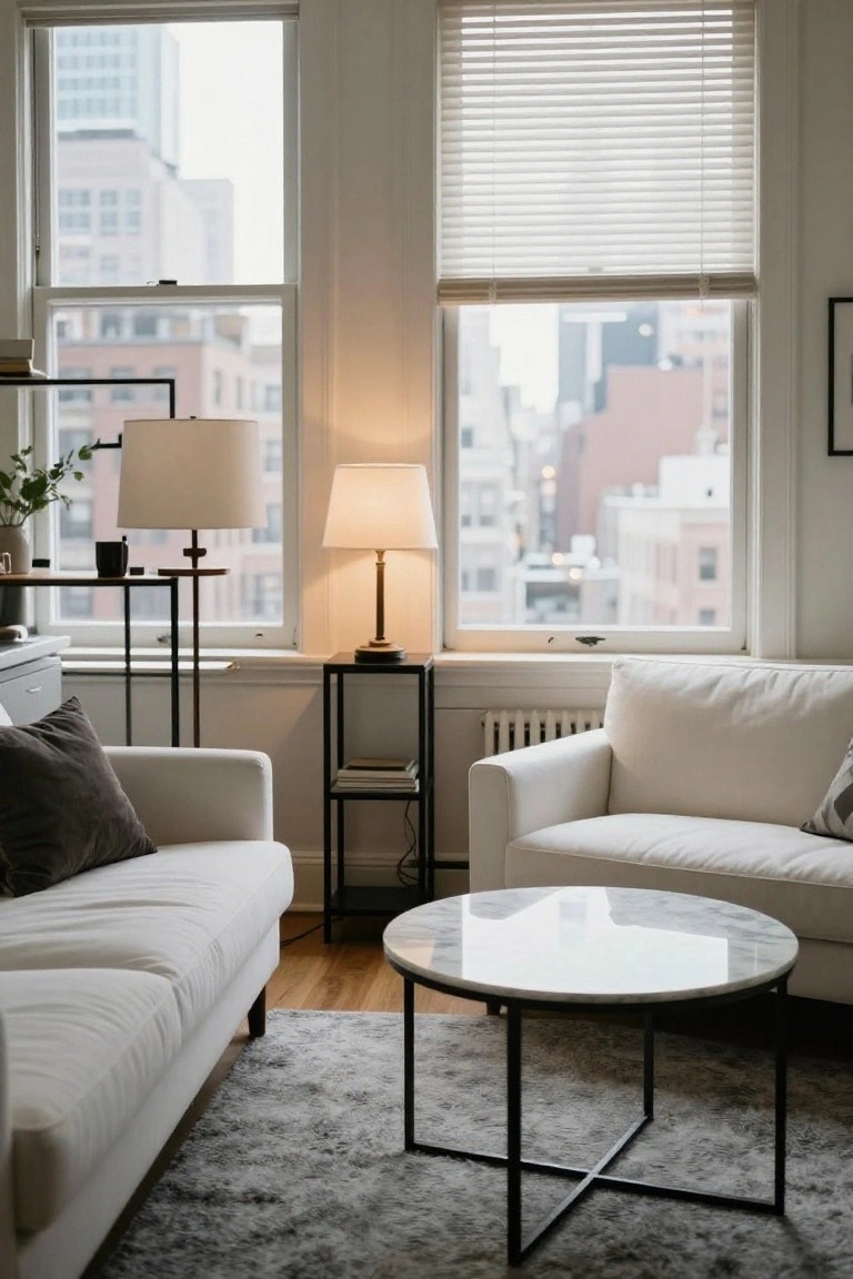 Living room with two white sofas facing a round white marble coffee table on black metal base, tall black floor lamps nearby, large windows showing city view, white blinds, gray area rug on wood floor.