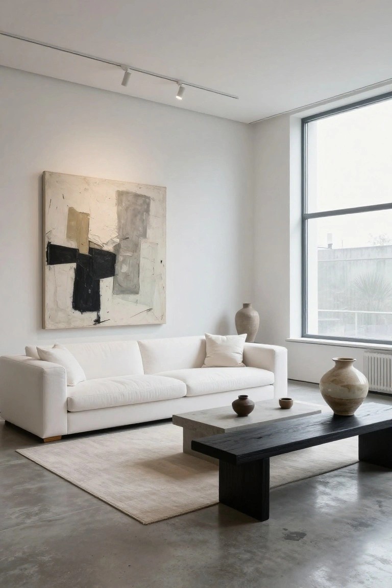 Minimalist living room with white linen sofa, low black wooden coffee table, large abstract painting on white wall, ceramic vases, beige rug, and large window overlooking exterior on polished concrete floor.