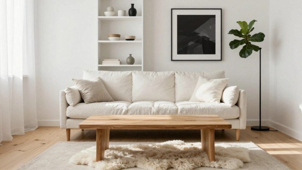 21 White Sofa Living Room Ideas for Bright and Elegant Spaces Bright living room with white linen sofa, low wooden coffee table on large fluffy cream rug, white shelving unit with ceramics, potted plant near window with sheer curtains, and black-framed artwork on wall.