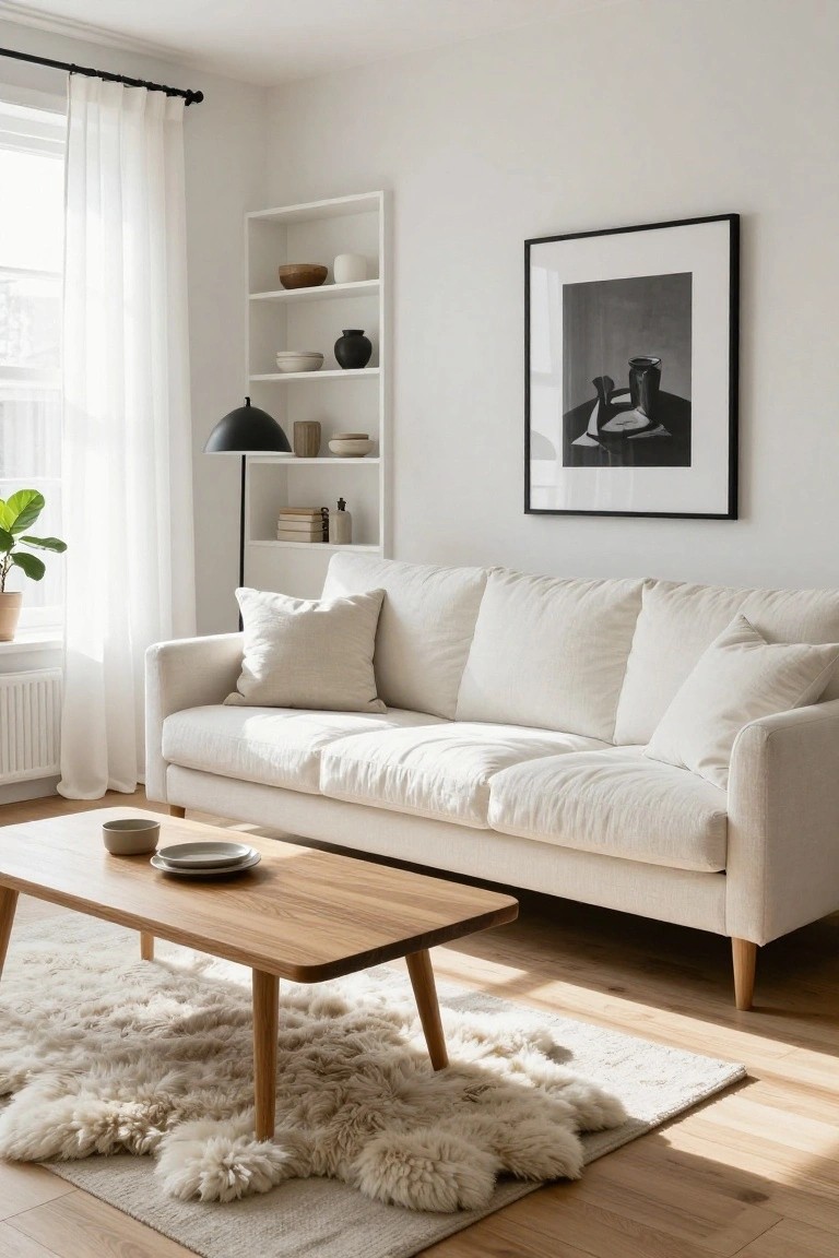 Bright living room with white linen sofa, low wooden coffee table on large fluffy cream rug, white shelving unit with ceramics, potted plant near window with sheer curtains, and black-framed artwork on wall.
