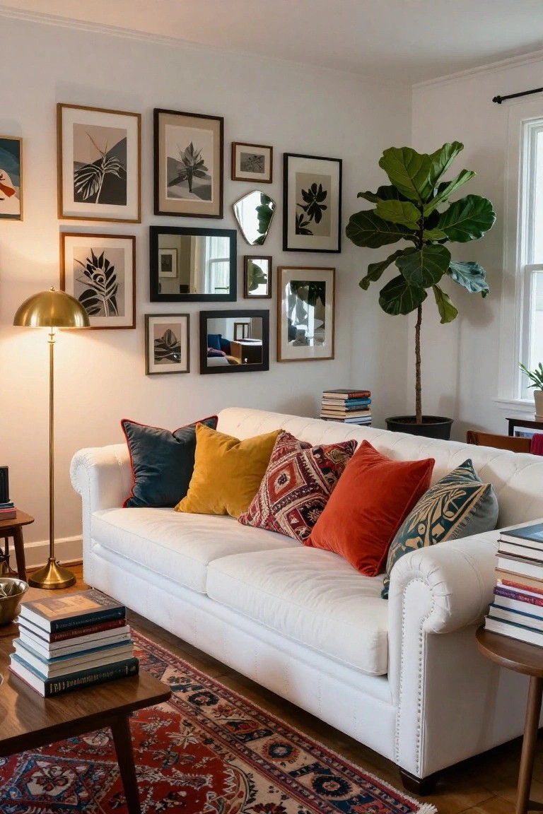 White tufted sofa piled with colorful patterned and velvet pillows in a living room with an eclectic wall of framed botanical art prints and mirrors, a tall ficus tree in a pot, gold floor lamp, wood side tables with books, and a red Persian rug on hardwood floor.