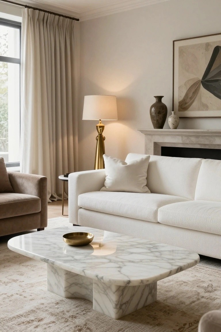 Modern living room with white sofa, marble coffee table, and brass lamp.