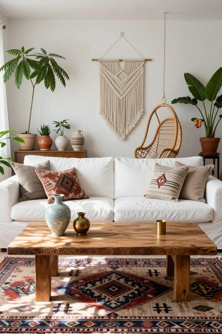 Bohemian living room with white sofa, macramé wall hanging, and wooden coffee table.