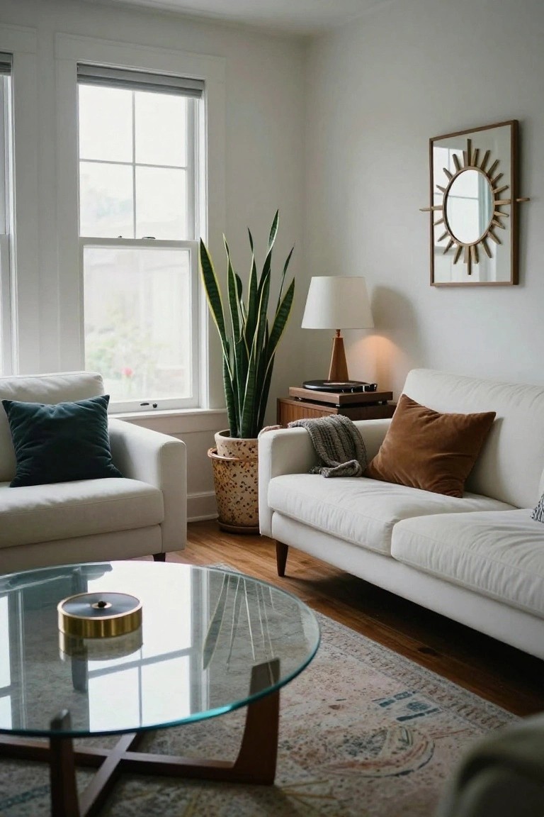 Bright living room with two white armchairs, a white sofa, tall snake plant in basket pot, glass coffee table, wood record player stand, sunburst mirror on white wall, and hardwood floors.
