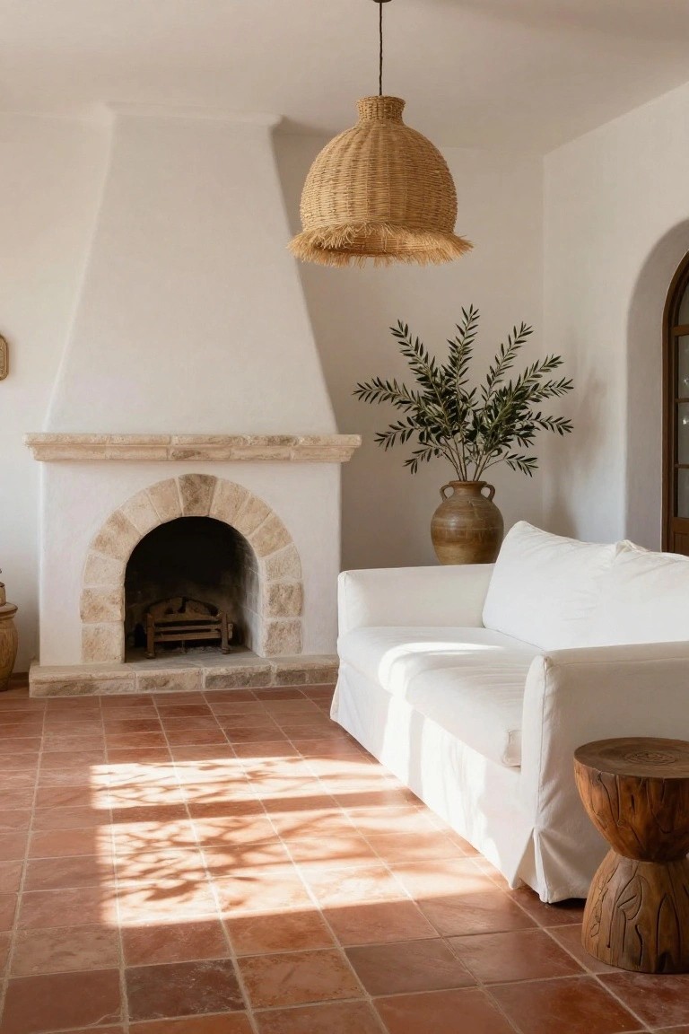 Sunlit living room with white slipcovered sofa on terracotta tile floor next to arched beige stone fireplace, rattan pendant light overhead, olive branches in terracotta pot, and carved wood stool.