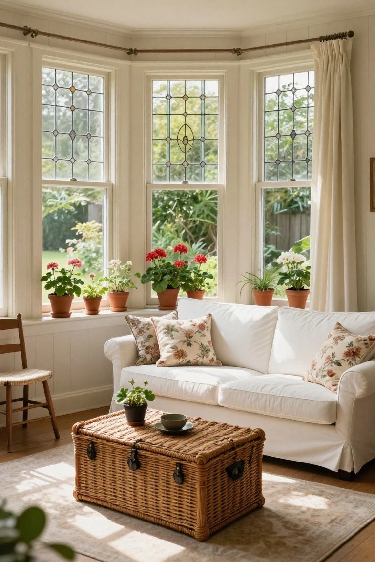White sofa with floral pillows in a bay window living room, potted plants on wide window sills, stained glass window panes, wicker trunk coffee table, wooden chair, and beige rug on wood floor.
