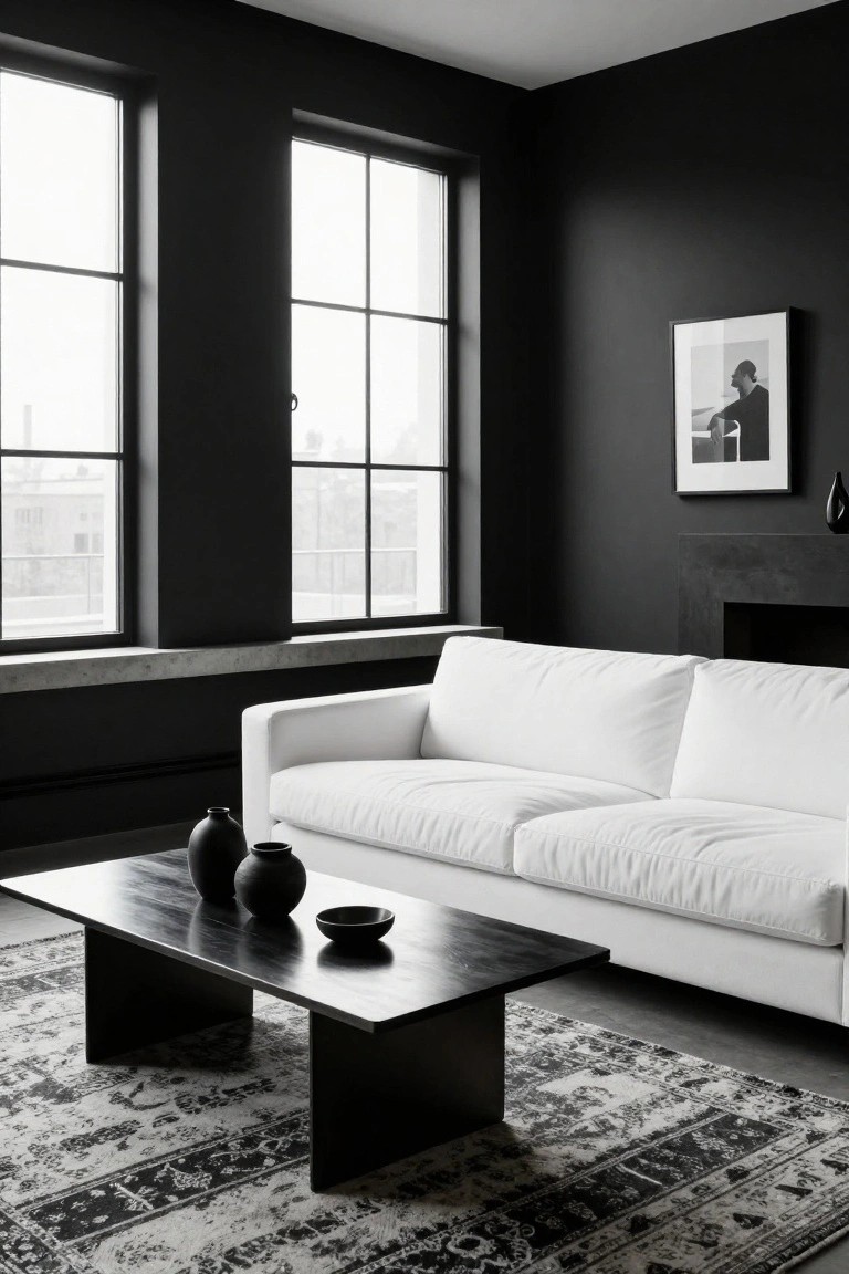 Black-walled living room with white sofa, black coffee table holding ceramic vases, large windows, fireplace, and patterned rug.