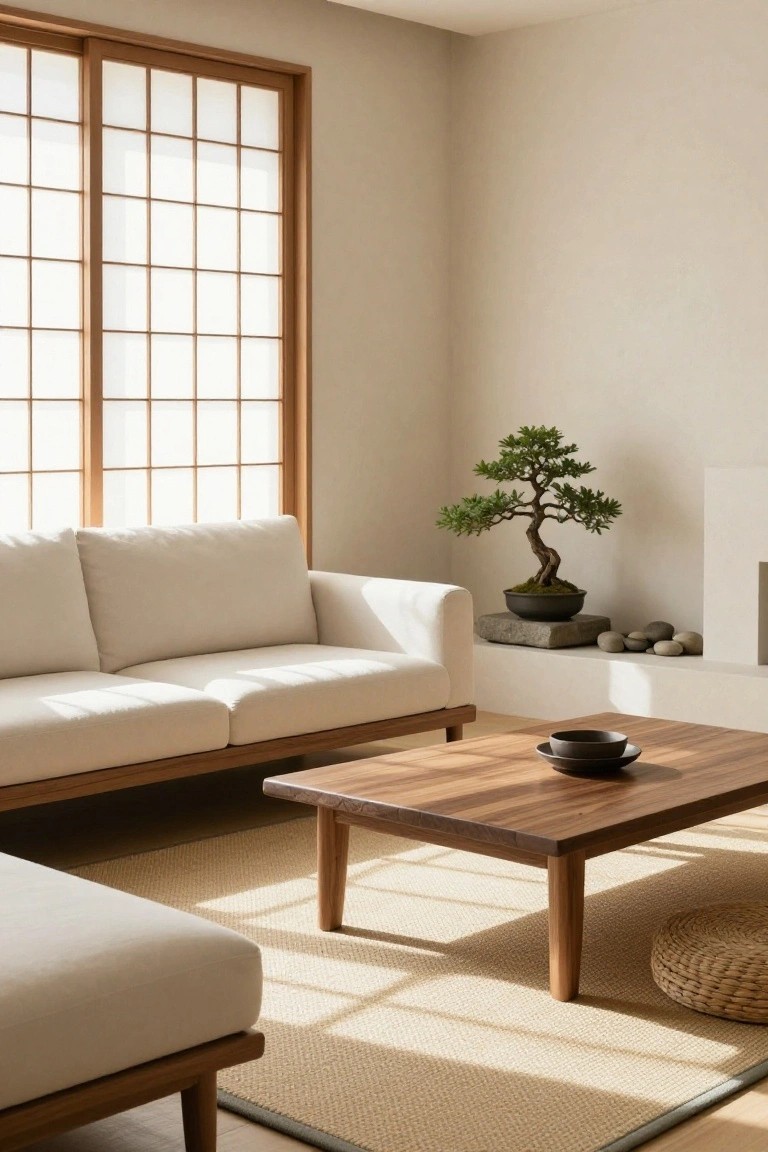 A minimalist living room with shoji screen windows, a white low-profile sofa, wooden coffee table, bonsai tree on a wall shelf, seagrass rug, and woven floor cushion.