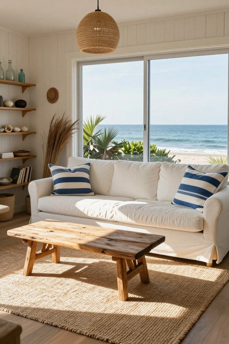 White slipcovered sofa with blue striped pillows on a seagrass rug in a shiplap-paneled living room with wooden shelves, rustic trestle coffee table, and large sliding glass doors showing palm trees, beach, and ocean beyond.