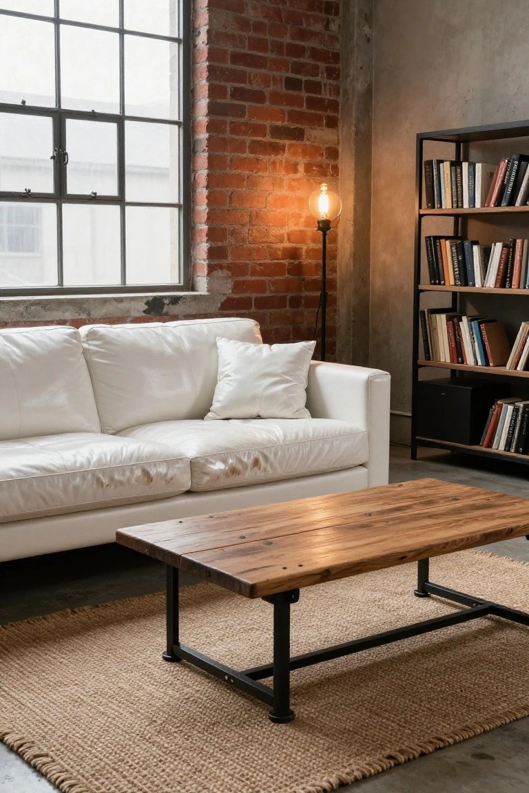 White leather sofa, wooden coffee table, brick wall, and bookshelf in loft.