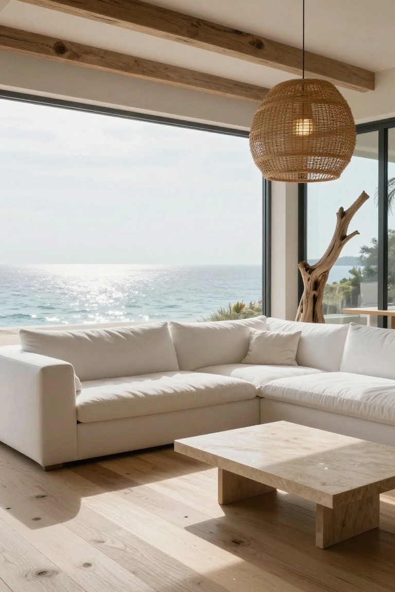 Contemporary living room with white L-shaped sofa, blonde wood floors, exposed beam ceiling, rattan pendant light, travertine coffee table, driftwood sculpture, and large black-framed windows overlooking ocean and palms.