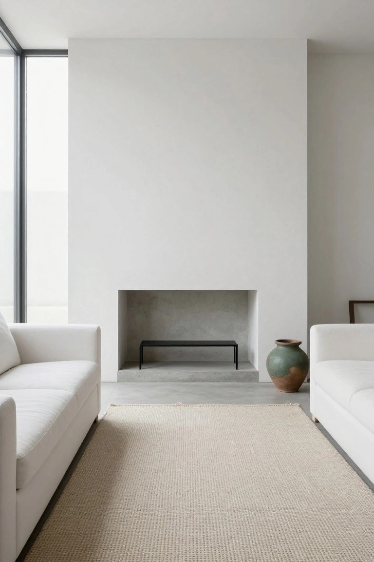 Minimalist living room with two white fabric sofas positioned on either side of a recessed concrete fireplace containing a black metal bench, light seagrass rug in front, green ceramic vase nearby, and large window to the left.