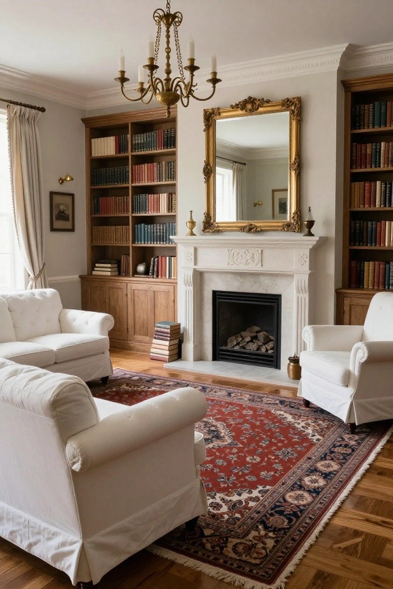 Living room with white slipcovered sofas and armchairs arranged on a red Persian rug facing a marble fireplace flanked by wooden bookshelves, large gold mirror above mantel, brass chandelier overhead, light gray walls, wood floor.