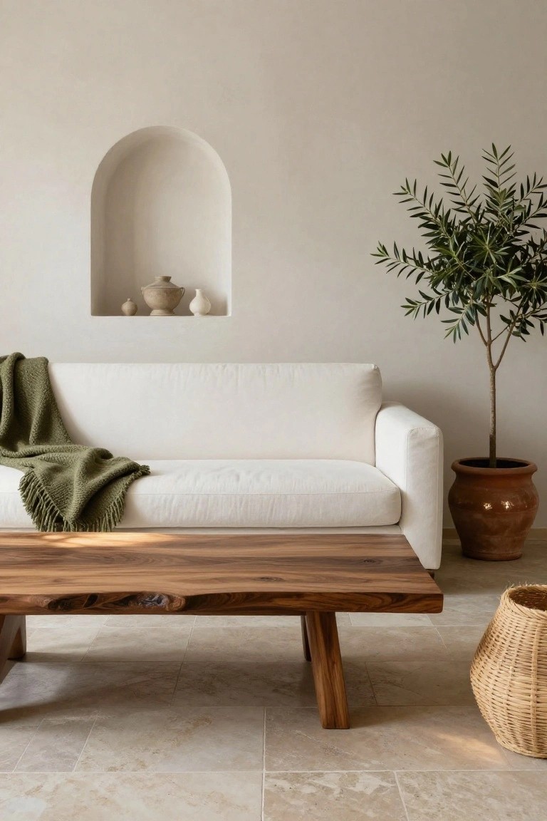 White sofa with green throw blanket next to live-edge wooden coffee table, olive tree in terracotta pot, arched wall niche with pottery, wicker basket, on light tiled floor in neutral room.
