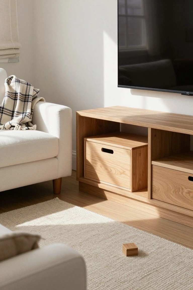 White sofa with plaid throw next to low wooden TV console with drawers and open shelves under wall-mounted TV, on light wood floor with beige rug in bright room.