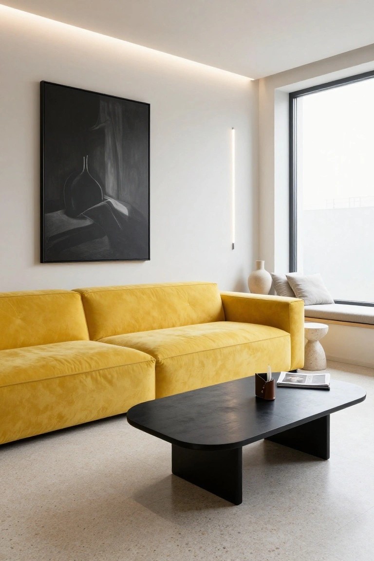 Modern living room with yellow velvet L-shaped sofa, oval black wood coffee table holding a magazine and vase, large black-framed abstract artwork of a vase on white wall, thin vertical wall light, window seat with cushions, and terrazzo floor.