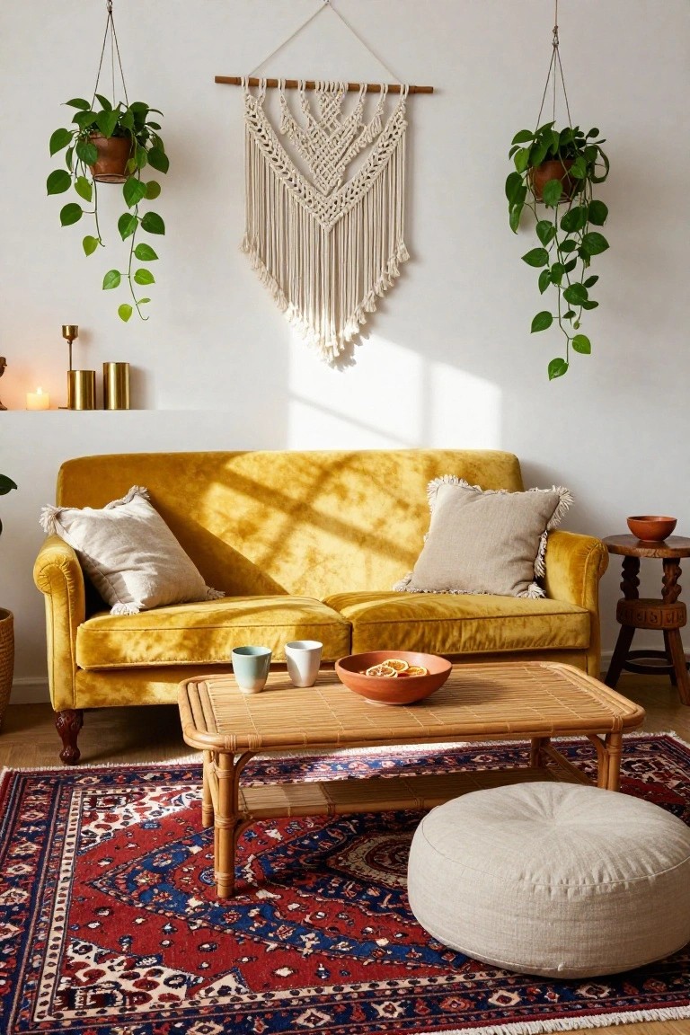 A mustard yellow velvet sofa with cream pillows sits on a red and navy Persian rug in a white living room, with two hanging pothos plants, a white macrame wall hanging, gold candle holders on a shelf, a rattan coffee table holding teal and white mugs and a bowl of oranges, a wood side table with a clay bowl, and a white pouf.