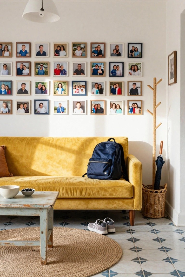 A mustard yellow velvet sofa in a sunlit corner room with walls covered in dozens of small family photos in various frames, a navy backpack on the armrest, shoes on the floor, a wooden coat rack with umbrella, and blue tiled flooring.