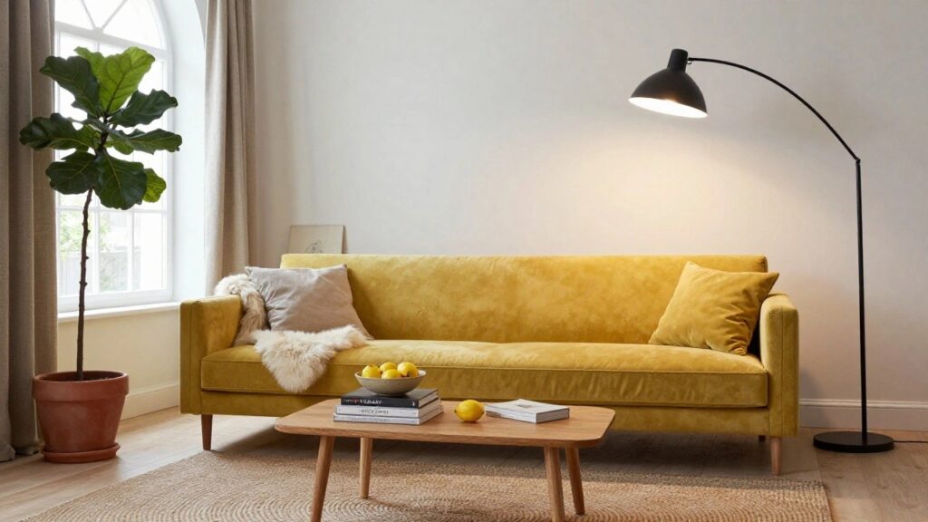 Living room with two yellow velvet sofas facing a glass coffee table on a round seagrass rug, a tall fiddle leaf fig plant in a terracotta pot nearby, white walls, arched window with beige curtains, and light wood floors.
