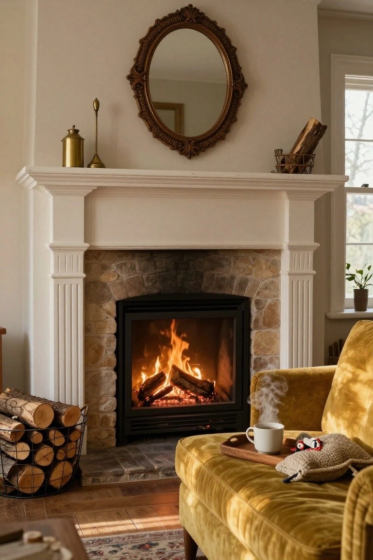 Living room with yellow velvet sofa next to lit stone fireplace, firewood in black basket, brass items and books on white mantel shelf, teacup on wooden tray atop sofa.