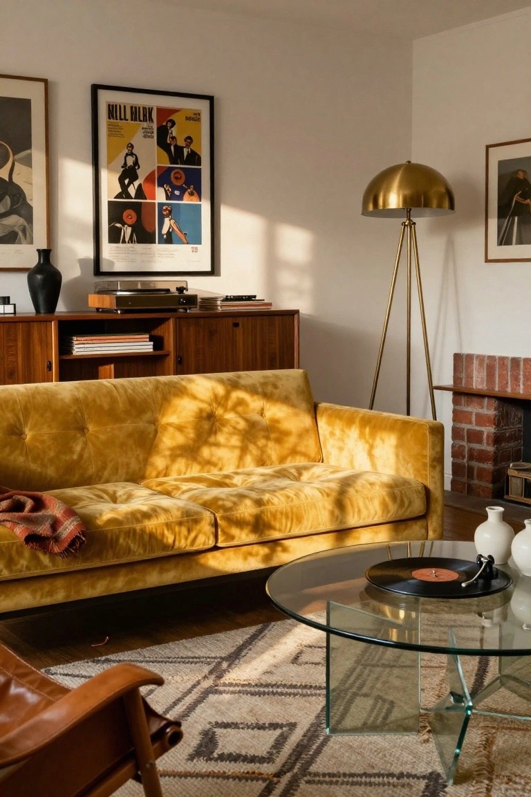 Sunlit living room with mustard yellow velvet sofa, teak credenza holding books and turntable, brass tripod floor lamp, glass coffee table with vinyl record and tonearm, brown leather armchair, woven rug, and brick fireplace.