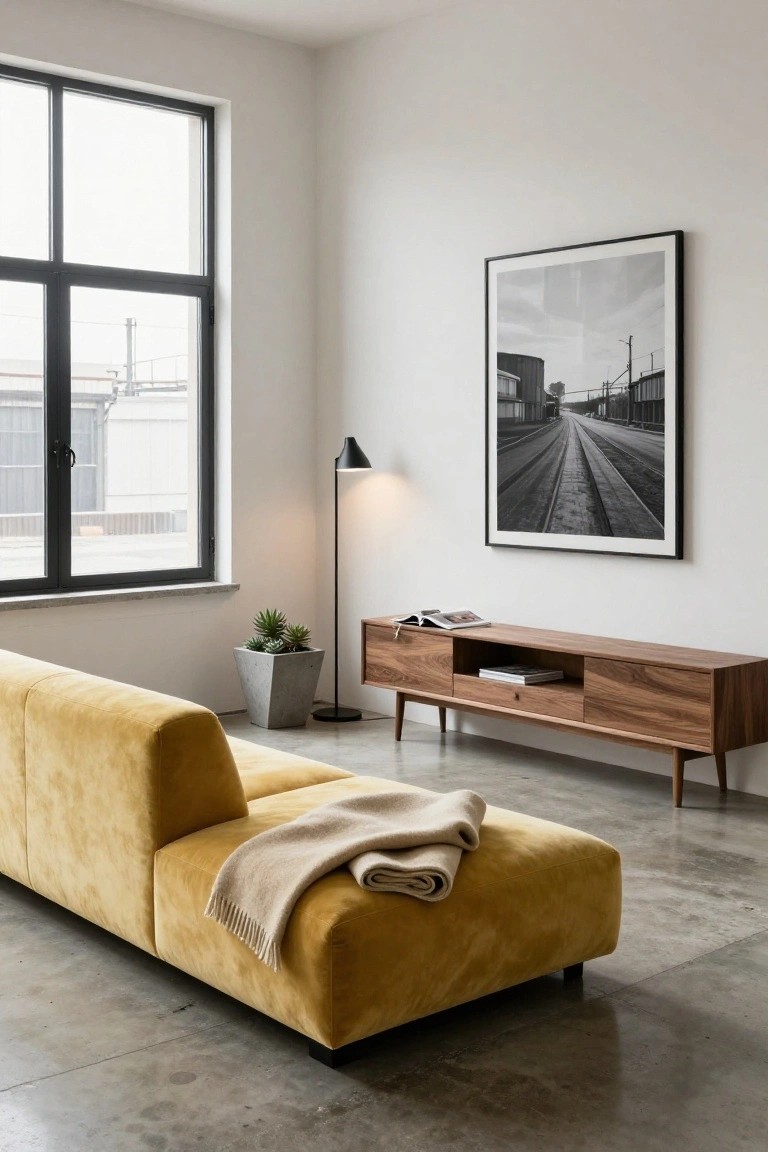 Modern living room interior with mustard yellow velvet L-shaped sofa on polished concrete floor, next to wooden mid-century credenza TV stand, concrete potted succulent plant, black floor lamp, large framed black-and-white photo of train tracks, and large black-framed window overlooking industrial buildings.