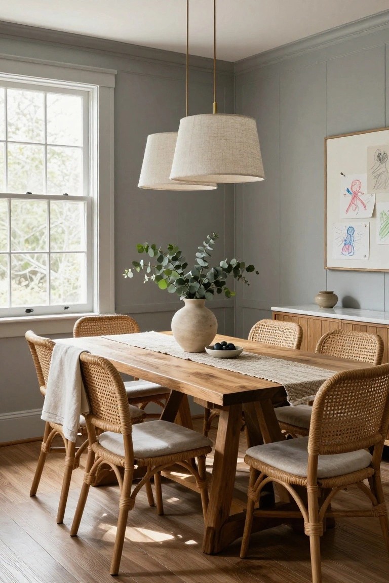 Dining room with rectangular wooden trestle table, six rattan chairs with white cushions, beige linen runner on one chair, tall ceramic vase of eucalyptus on table, gray paneled walls, double linen pendant lights, and large window with natural light.