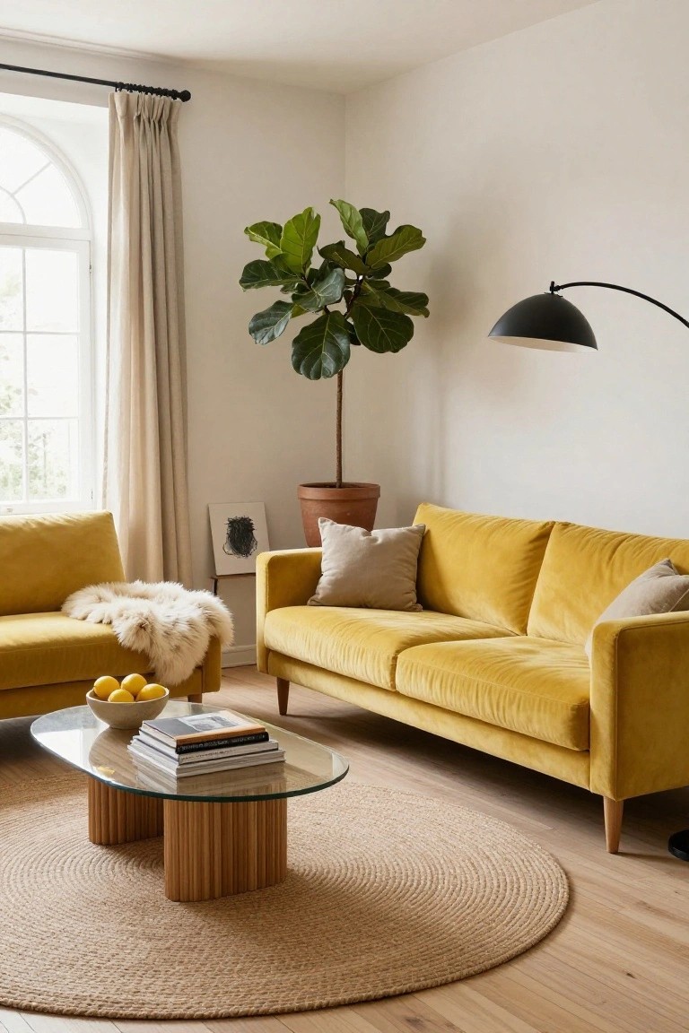 Living room with two yellow velvet sofas facing a glass coffee table on a round seagrass rug, a tall fiddle leaf fig plant in a terracotta pot nearby, white walls, arched window with beige curtains, and light wood floors.