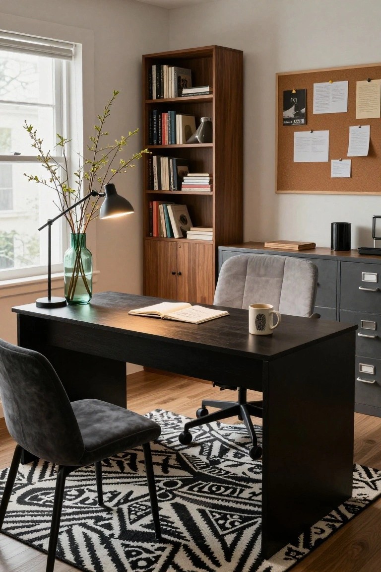 Home office with black desk holding open notebook and mug, gray velvet tub chair in front, gray fabric office chair, walnut bookcase, green glass vase with branches, corkboard wall, and gray filing cabinets on patterned black and white rug.