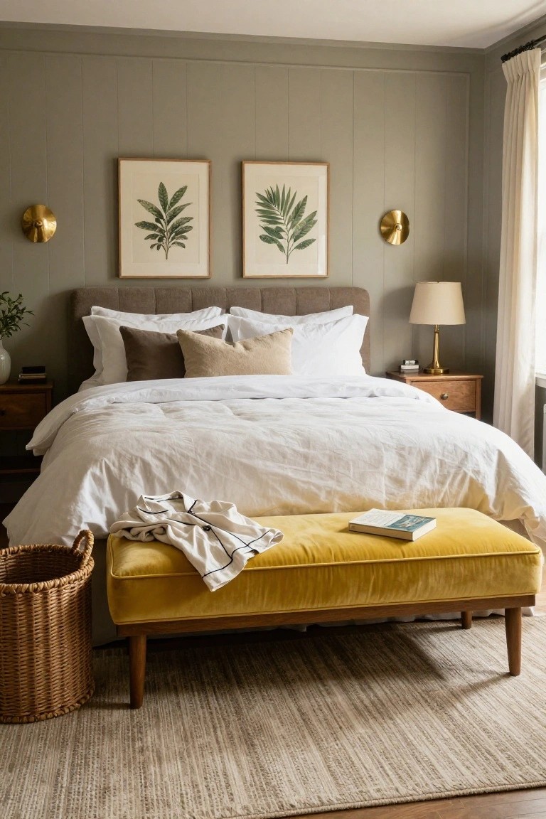 Cozy bedroom with a mustard velvet bench, white bedding, and botanical wall art.
