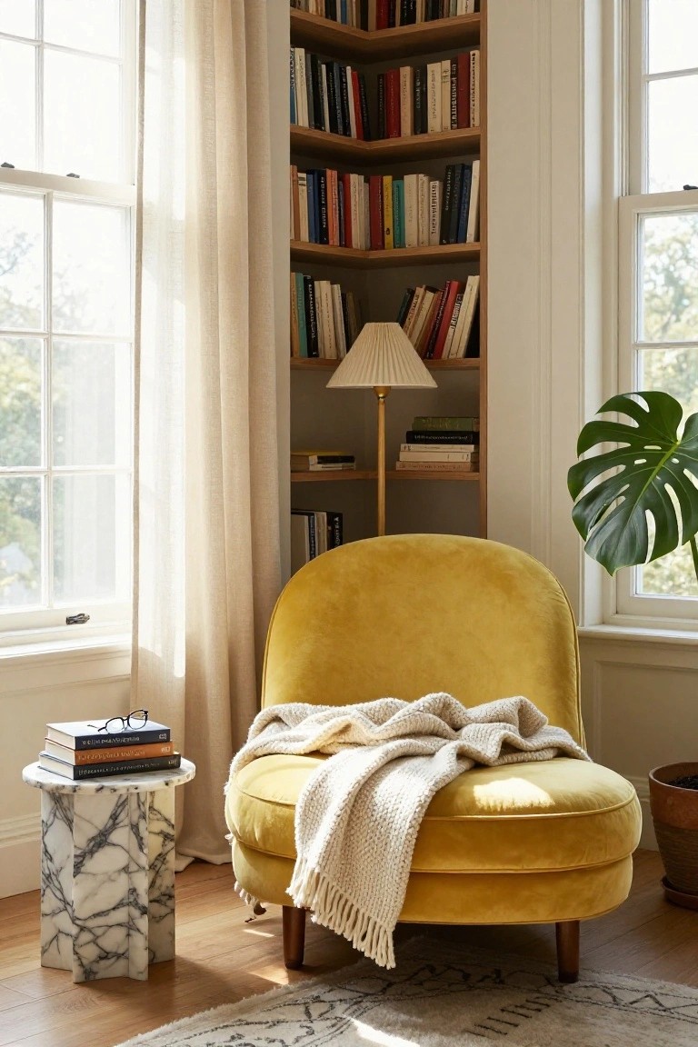 Corner room with yellow velvet armchair draped in white knit throw, wooden bookshelves filled with books, marble pedestal side table holding stacked books and eyeglasses, brass lamp on shelf, potted monstera plant, sheer curtains on large windows, hardwood floor with patterned rug.