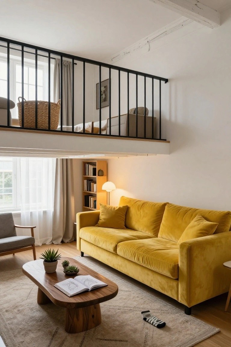 A yellow velvet three-seater sofa in a loft living room with high ceilings, black metal mezzanine railing, wood coffee table holding an open book and plants, gray armchair, bookshelves, and large windows with sheer curtains.