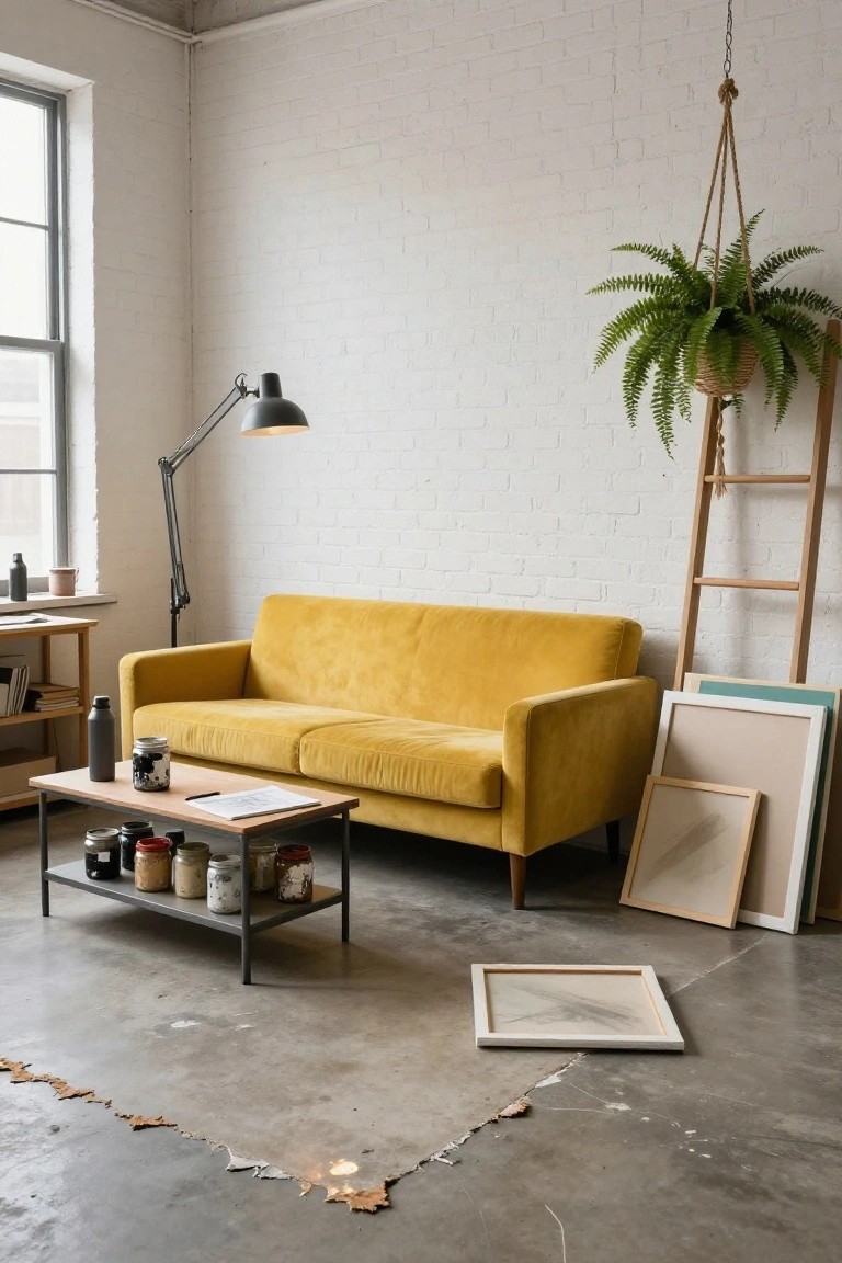 A mustard yellow velvet three-seater sofa in a white brick-walled room with polished concrete floor, black metal coffee table with paint jars and notebook, leaning white picture frames, adjustable black desk lamp, wooden ladder, hanging fern plant in rope hanger, and shelves with books and bottles.