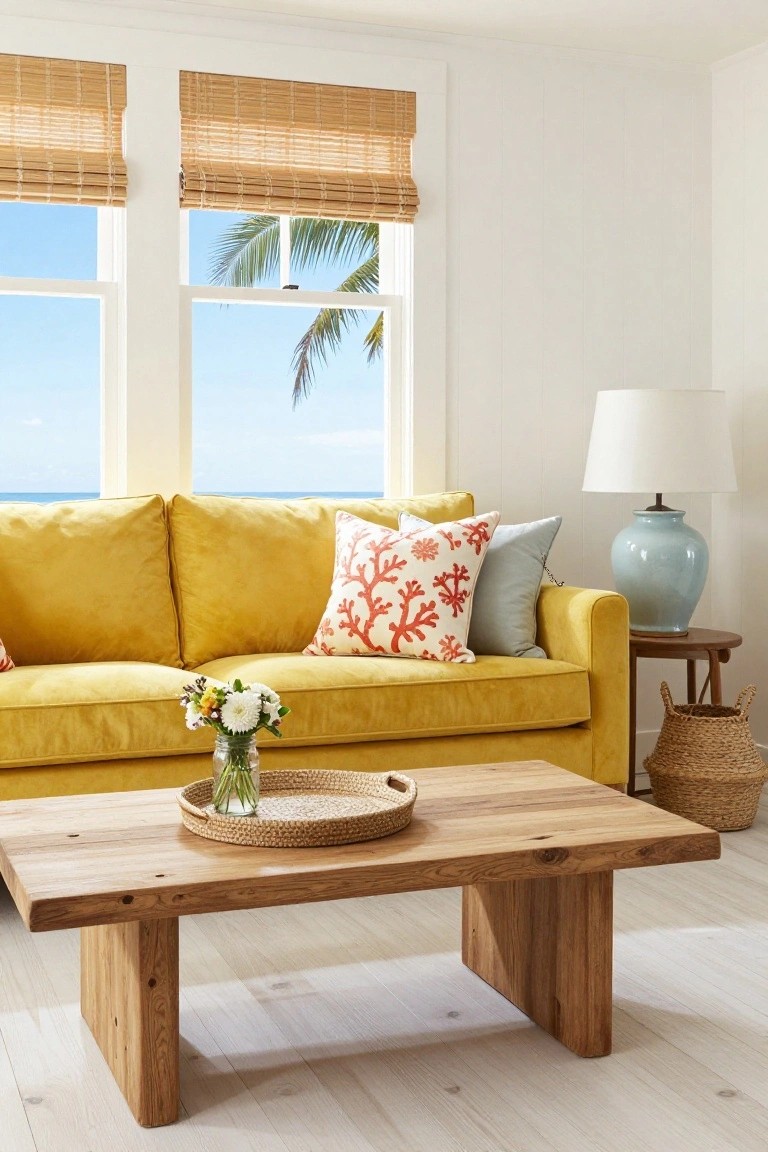 Bright living room with yellow velvet sofa, white walls, bamboo window shades overlooking blue ocean and palm tree, wooden coffee table holding woven tray and flowers, blue vase on side table, wicker baskets.