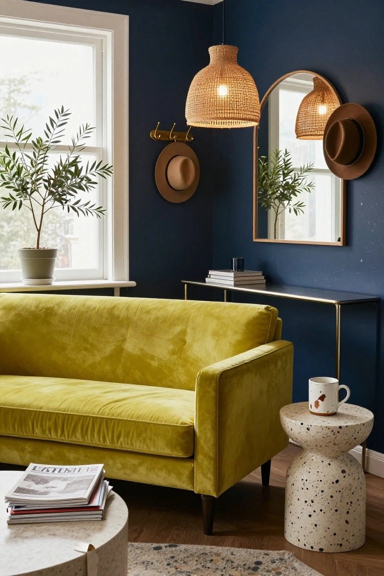 Navy blue corner of a living room featuring a mustard yellow velvet sofa, woven rattan pendant lights, potted olive tree, brass console table, and speckled stool.