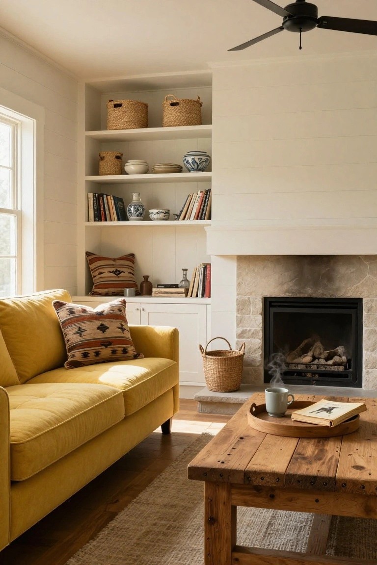 Cozy living room corner with yellow velvet sofa facing stone fireplace, white built-in shelving with woven baskets and ceramics, rustic wood coffee table holding mug and open book.