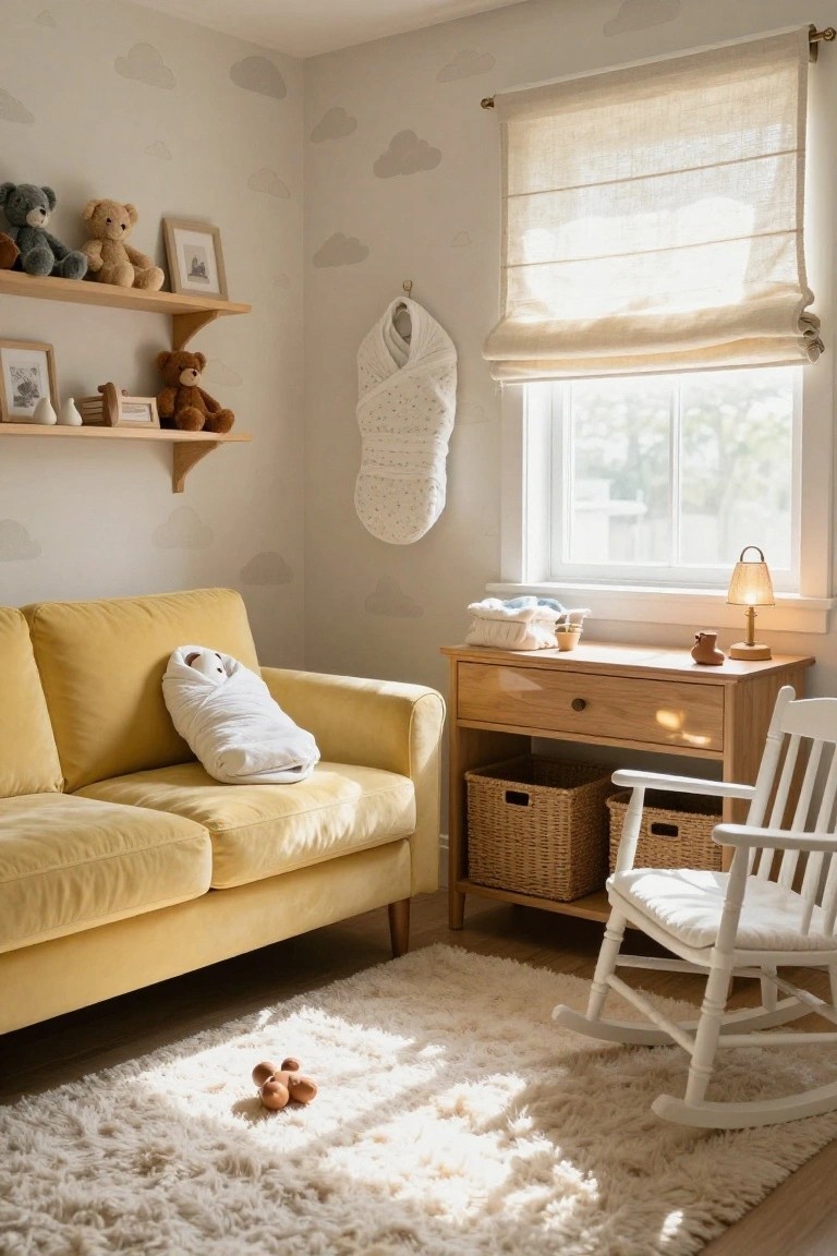 Nursery interior with pale gray walls decorated with cloud motifs, a yellow velvet sofa holding a swaddled baby doll, wooden shelves with stuffed bears, a changing table dresser, white rocking chair, and woven baskets on a fluffy white rug.