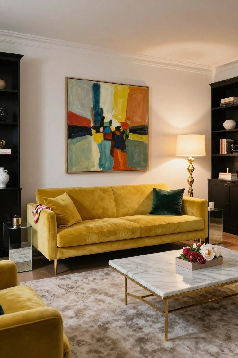 A yellow velvet sofa positioned between two black bookshelves in a white-walled living room, with a large colorful abstract painting above, a gold lamp, marble coffee table with flowers, and emerald pillows on the sofa.