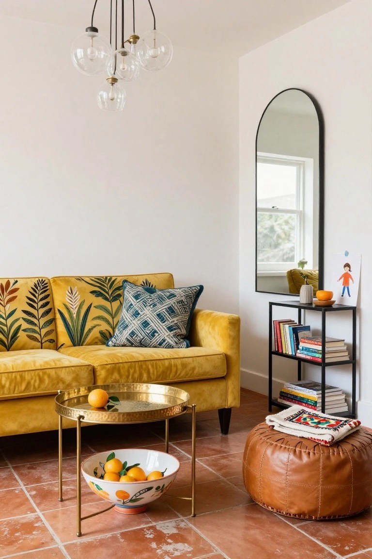 Yellow velvet sofa with green leaf-patterned cushions and blue pillows on terracotta tile floor, brass tray table holding oranges above a large white bowl of oranges, black arched mirror, black shelf with books and small orange, and glass pendant chandelier.