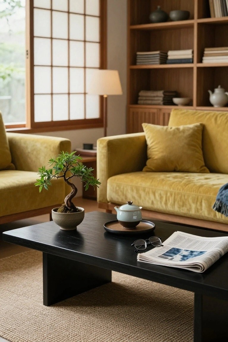 Living room with two mustard yellow velvet sofas facing a black rectangular coffee table holding a bonsai tree in a gray pot, blue-gray teapot on saucer, eyeglasses, and folded newspaper, next to wooden bookshelves and shoji screen window.
