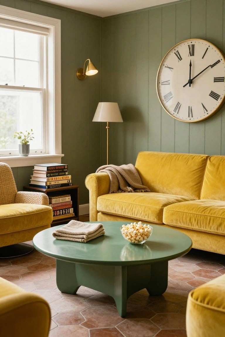 A cozy living room with mustard yellow velvet sofas and chairs arranged around a green pedestal coffee table holding a bowl of popcorn, sage green paneled walls, bookshelves, a large white clock, and potted plants near the window.