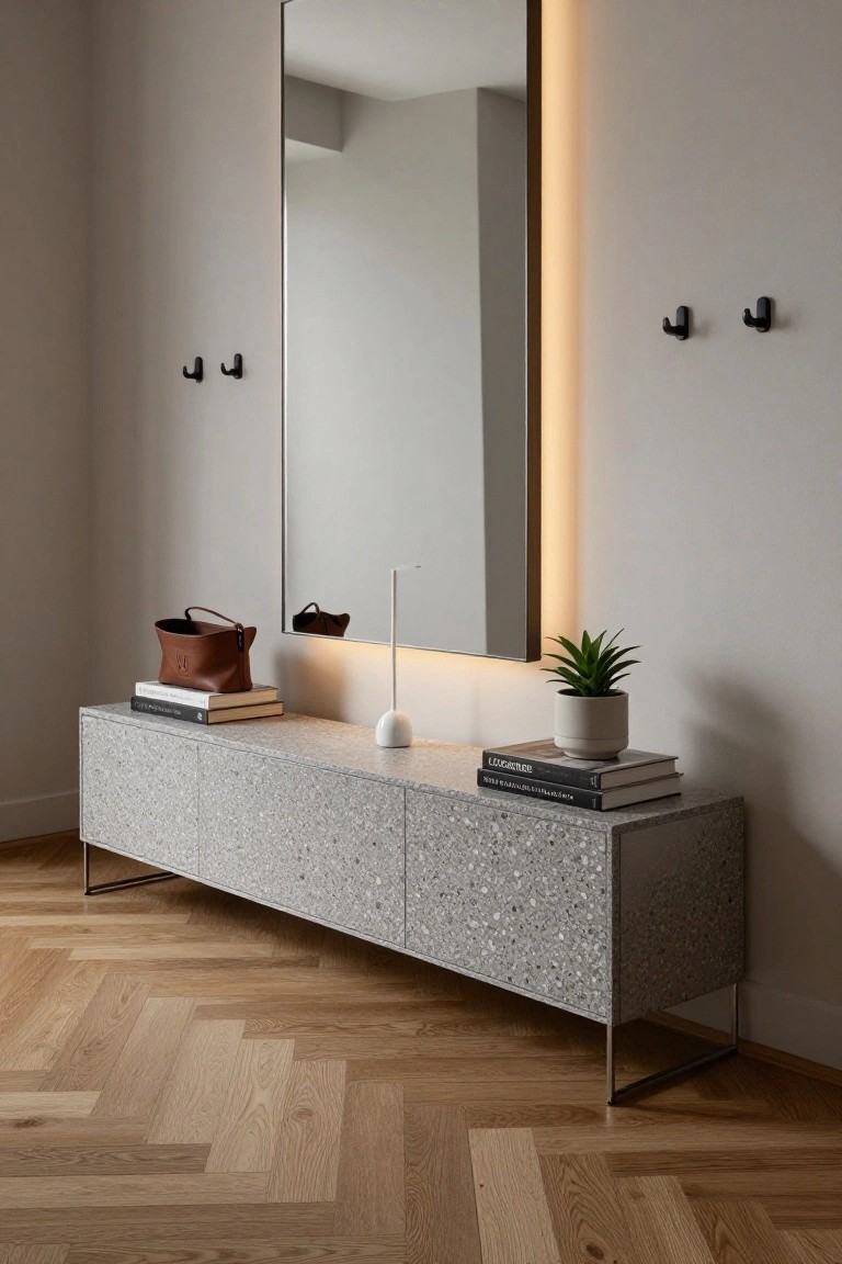 A long speckled gray sideboard with metal legs sits under a tall mirror in a modern entryway with light wood flooring and black wall hooks.